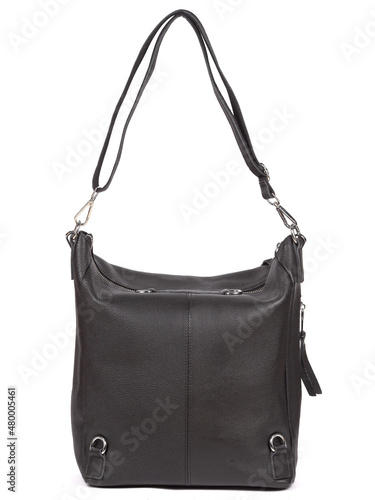 Black large with strap leather woman's handbag isolated on white background