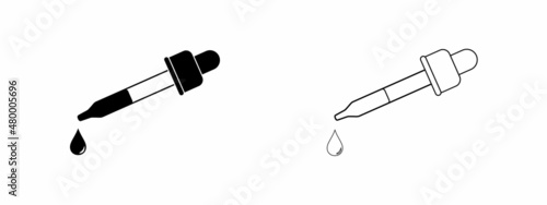 Pipette icon. Element of medical, chemistry lab equipment. Pipette with drop. Vector illustration. 