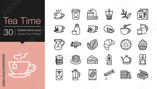 Tea time icons. Modern line design. For presentation, graphic design, mobile application or UI. Editable Stroke.