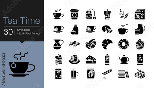 Tea time icons. Glyph design. For presentation, graphic design, mobile application or UI.