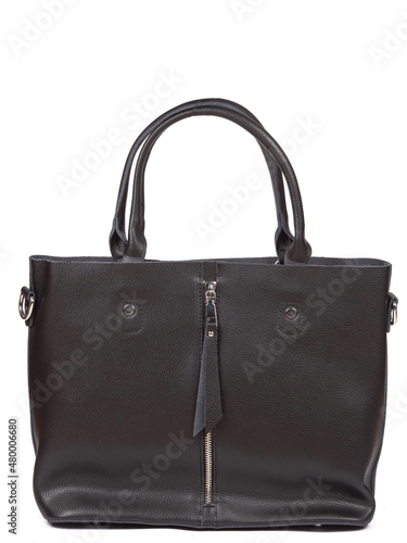 Black large with strap leather woman's handbag isolated on white background