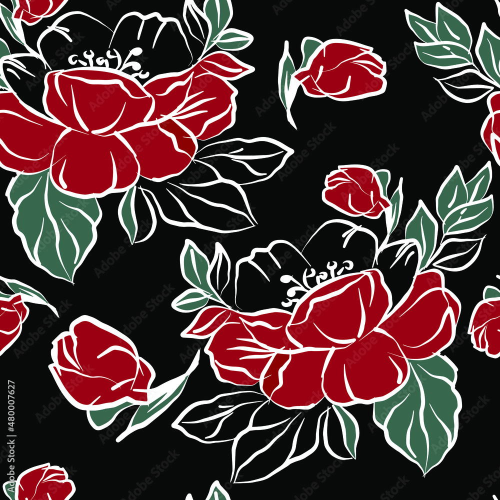 Decorative flowers for design. Ornament from flowers and leaves on a black background. Floral seamless pattern. Vector illustration. Decorative flowers for design. Ornament from flowers and leaves on a black background. Floral seamless pattern. Vector illustration.