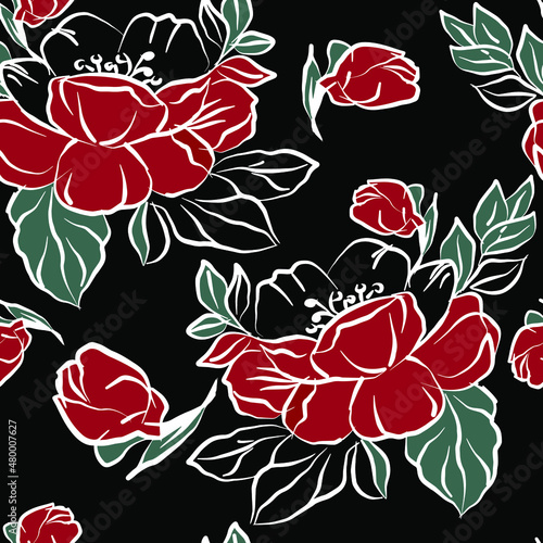 Fototapeta Naklejka Na Ścianę i Meble -  Decorative flowers for design. Ornament from flowers and leaves on a black background. Floral seamless pattern. Vector illustration.
