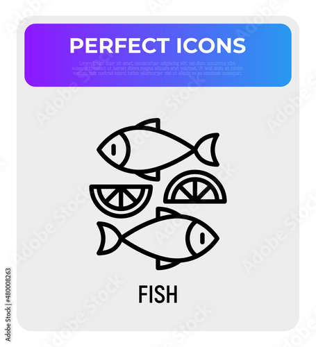 Fish dish with lemon thin line icon. Modern vector illustration for logo.