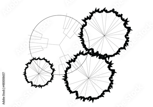Architectural graphic or symbol of the trees from the top view. It is usually used in plan drawing or architectural layouts. 2D CAD image in black and white.