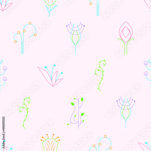 Abstract Doodle Seamless Pattern Plants Branch Botanic Leaf Leaves Herb Nature Background Decoration Vector Design Style For Prints Textiles, Clothing, Gift Wrap, Wallpaper, Pastel