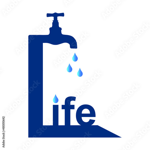 Save water and Life concept illustration, Vector illustration of water tap with life text on white background, Vector illustration that can be used to promote a conscious use of water.