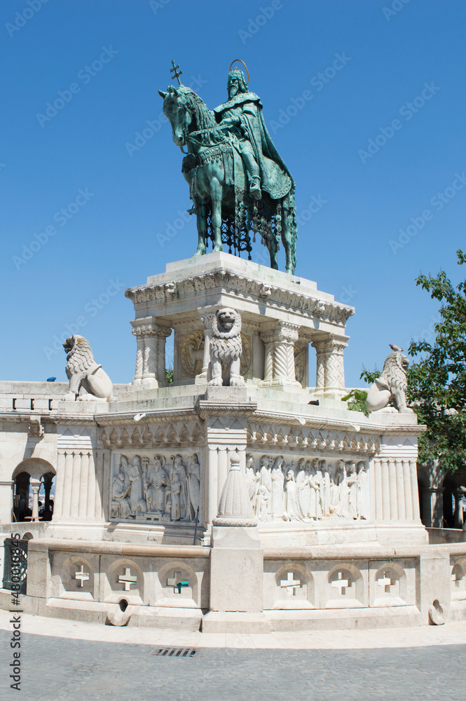 Obraz premium Budapest, Hungary: Statue of King St Stephen, first christian king in Hungary, Fisherman's Bastion
