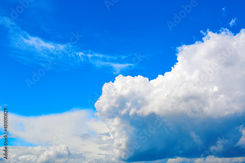 Blue sky with white cumulus clouds. Banner. Background. Nature wallpaper. Sunny weather forecast. Religion concept. Heaven landscape. Outdoor scenic. Bright pattern design. Copy space. Fresh air