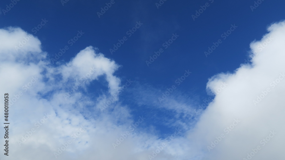 Obraz premium White cloud field with interesting shapes in the blue sky on a sunny day with space for a message