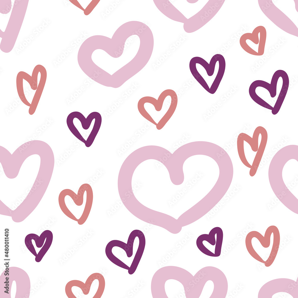 Hand drawn valentine seamless pattern with multicolored hearts. Perfect for T-shirt, textile and print. Doodle vector illustration for decor and design.
