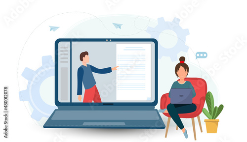 Young people working with notebook chatting in the internet, online conference concept, distant work concept,online education concept, team communication concept, flat vector illustration