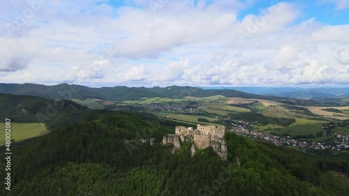 Aerial view of the castle in the village of Lietava in Slovakia photo