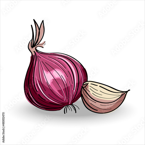 Tablou pe pânză Fresh organic shallot and garlic isolated on a white background
