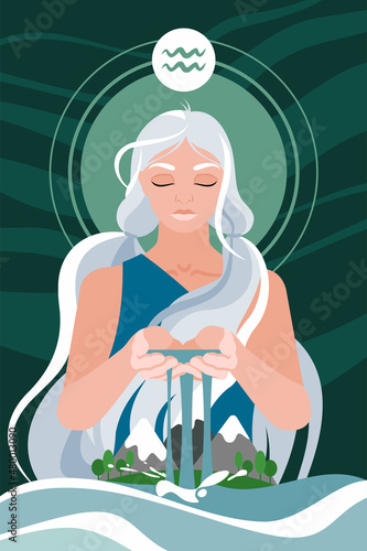 Woman presenting horoscope illustration with astrological zodiac sign Aquarius. Female magic collection in cartoon art design. Vector illustration by hand.