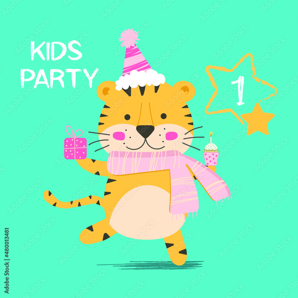 Naklejka premium Postcard invitation to a children's party. Cute tiger cub with a cake and a gift in his paws. I'm going to a holiday. An invitation to celebrate one year. Cute tiger vector illustration
