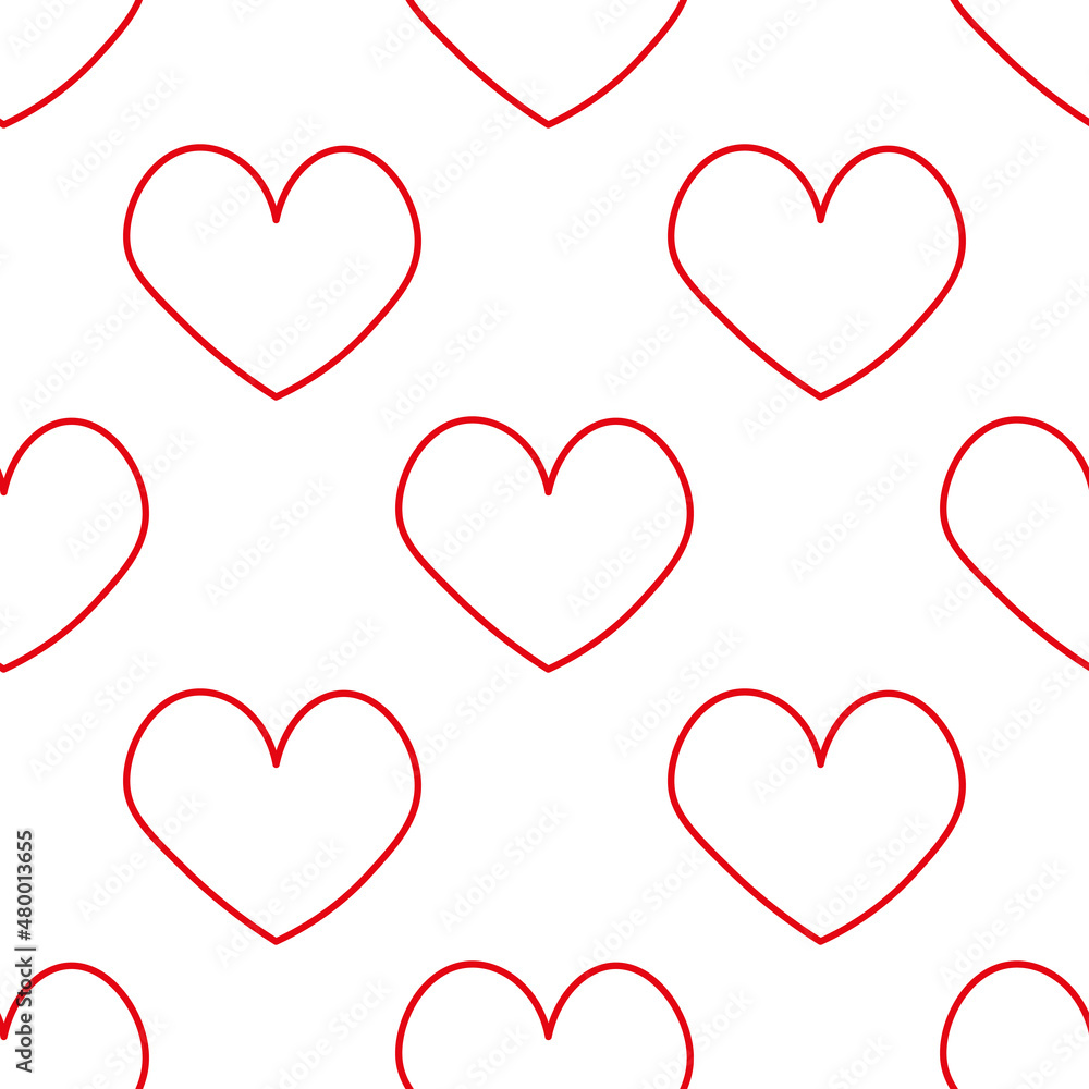Red hearts in line style. Seamless romantic pattern. Colorful doodle hearts on white vector background. Ready template for design, postcards, print, poster, party, Valentine's day, vintage textile.