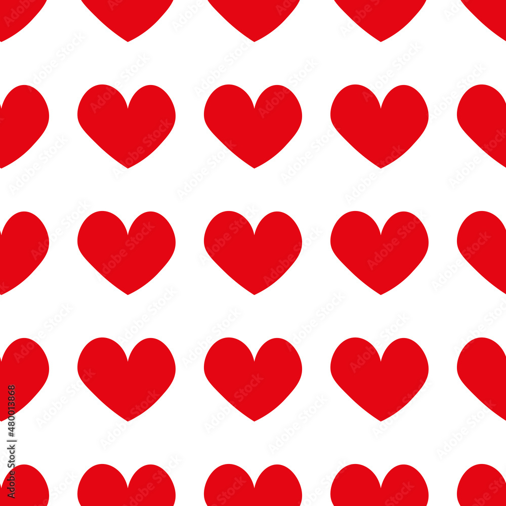 Red hearts in doodle style. Seamless romantic pattern. Colorful hearts on white vector background. Ready template for design, postcards, print, poster, party, Valentine's day, vintage textile.