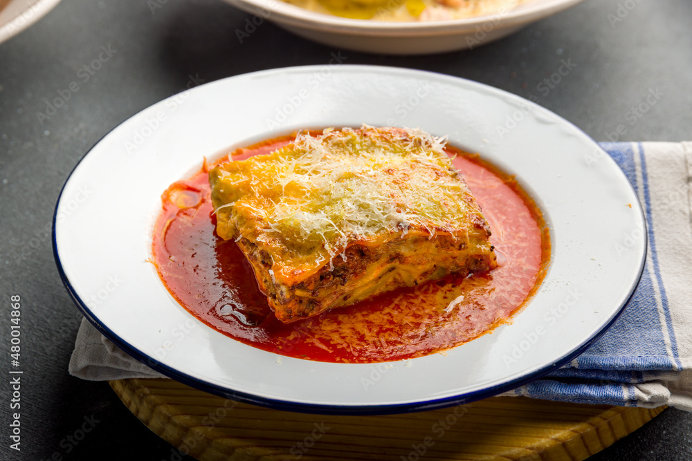 lasagna Bolognese on a plate with tomato sauce on grey concrete table lasagna Bolognese on a plate with tomato sauce on grey concrete table