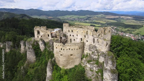 Aerial view of the castle in the village of Lietava in Slovakia photo