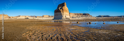 Drought at Lone Rock Beach with Low Water Levels, Page Arizona, America, USA.