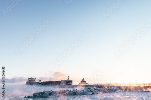 Ship in Duluth Minnesota Cold - Temp Sea Smoke MN 