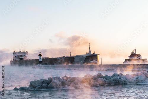 Ship in Duluth Minnesota Cold - Temp Sea Smoke MN 