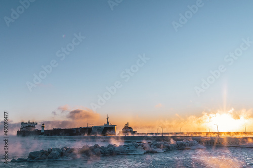 Ship in Duluth Minnesota Cold - Temp Sea Smoke MN 