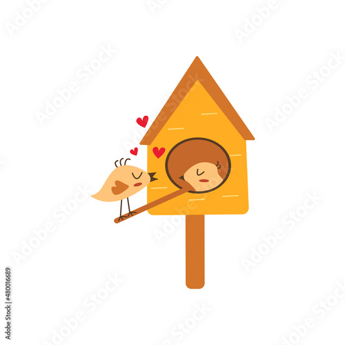 Bird in a birdhouse listens to love serenade from its lover. Valentines Day. Bird family, couple in love. Beautiful singing about feelings. Festive colorful vector isolated illustration hand drawn