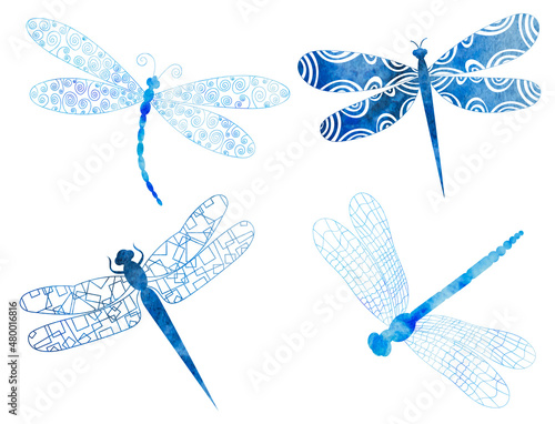 dragonfly blue set watercolor silhouette on white background