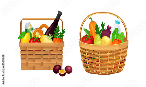 Healthy products in willow baskets set. Organic products in eco friendly packaging vector illustration