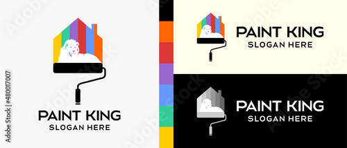 cool building paint logo design template. roller brush with silhouette and lion in rainbow colors concept. vector illustration of a logo for wall or building paint. Premium Vector