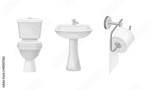 Bath furniture set. Toilet bowl, sink and toilet paper holder vector illustration