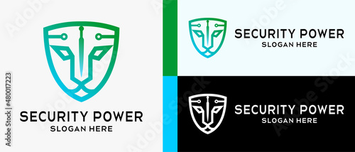 security logo design template in modern creative protective style and lion or tiger head in line art. premium vector logo illustration