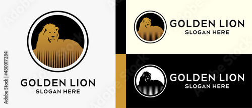 template desain logo singa denga siluet dalam lingkaran. ilustrasi logo vektor permium photo