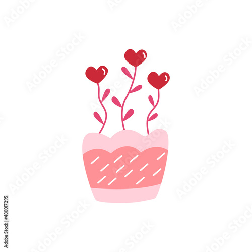 Flowers in a pot. Blooming in the shape of heart. Valentines Day. February 14th. Red and pink color. Vector isolated illustration hand drawn icon or card. Single clip art
