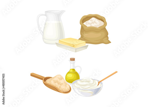 Baking utensils and cooking ingredients set. Flour, cream, butter, jug of milk vector illustration