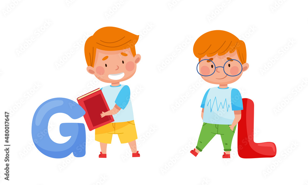 Cute kids with English alphabet letters. Little boys and G, L letters cartoon vector illustration Cute kids with English alphabet letters. Little boys and G, L letters cartoon vector illustration