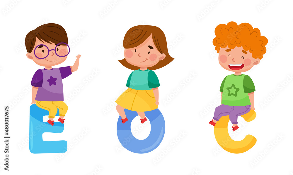 Cute kids with English alphabet letters. Little boy and girl and E,O,S letters cartoon vector illustration Cute kids with English alphabet letters. Little boy and girl and E,O,S letters cartoon vector illustration
