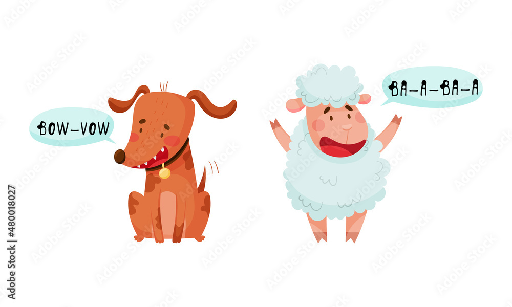 Φωτογραφία Cute puppy and lamb baby animals making sounds set cartoon vector illustration