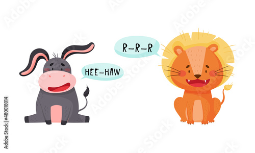 Cute lion and donkey baby animals making sounds set cartoon vector illustration photo