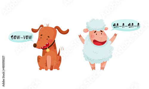 Cute puppy and lamb baby animals making sounds set cartoon vector illustration © Happypictures