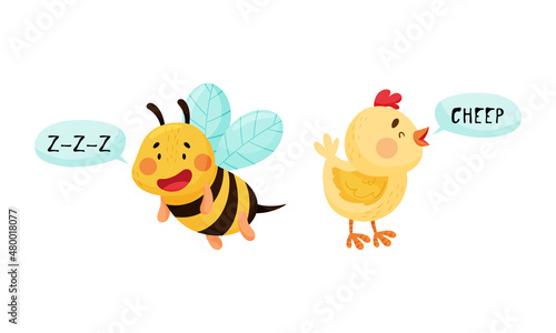 Cute bee and chicken making sounds set cartoon vector illustration