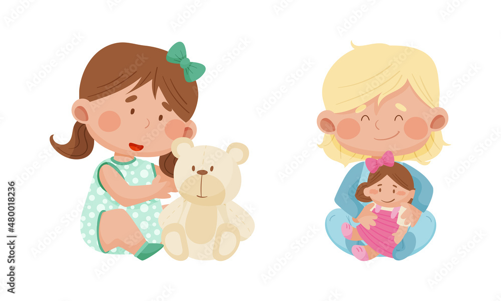 Cute babies playing toys set. Lovely toddler girls hugging teddy bear and doll cartoon vector illustration Cute babies playing toys set. Lovely toddler girls hugging teddy bear and doll cartoon vector illustration