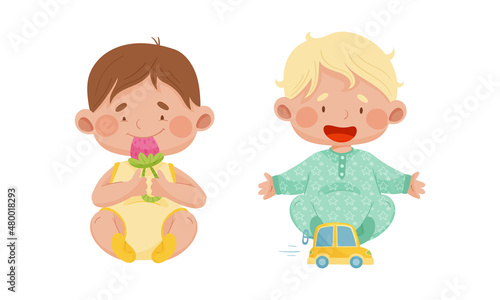 Cute babies playing toys set. Lovely toddler boys with nipple teether and car cartoon vector illustration
