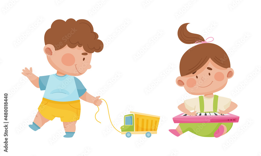 Cute babies playing toys set. Lovely toddler boy and girl playing with truck and piano cartoon vector illustration Cute babies playing toys set. Lovely toddler boy and girl playing with truck and piano cartoon vector illustration