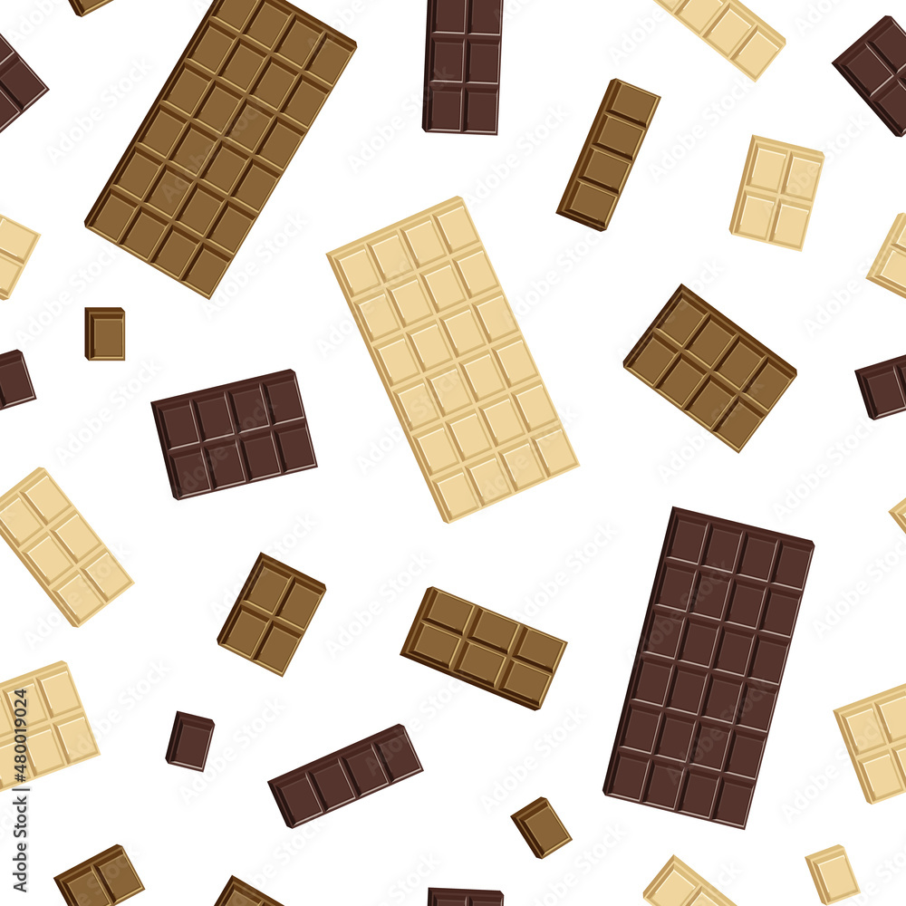 Vector seamless pattern of top view of white, milk and dark chocolate bars and pieces isolated on white background.
Vector seamless pattern of top view of white, milk and dark chocolate bars and pieces isolated on white background.