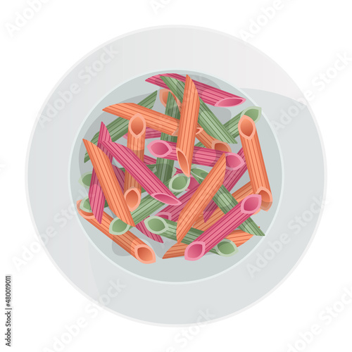 Vector multicolored pasta penne rigate in plate isolated on white background. Top view of the dish.
