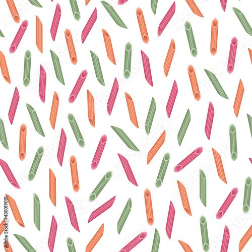 Vector seamless pattern of multicolored penne rigate pasta isolated on white background.
