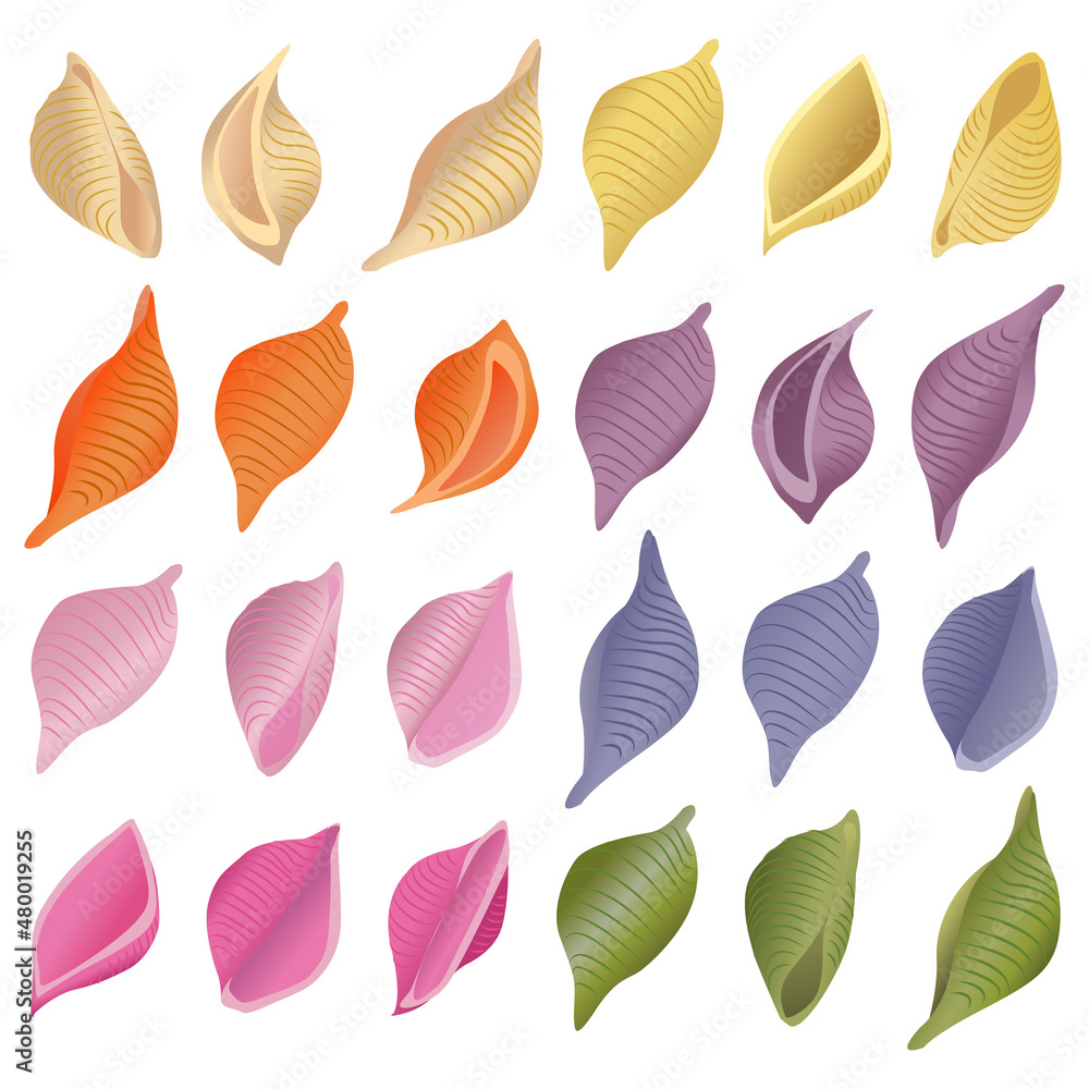 Vector set of multicolored conchiglie pasta isolated on white background.
